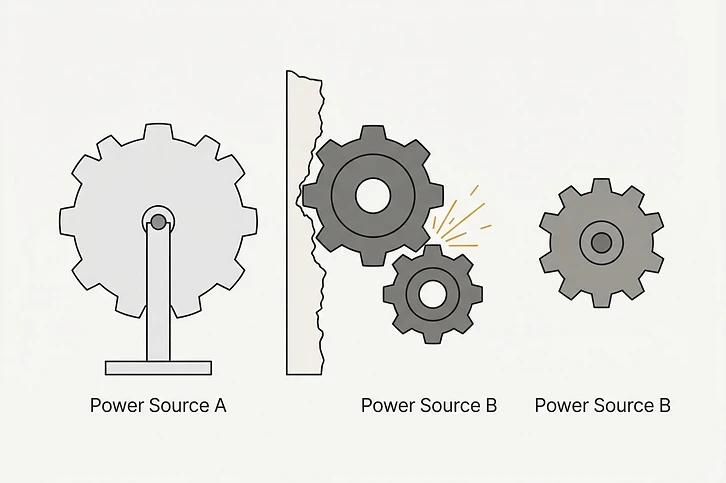 A mechanical assembly failing to bridge two incompatible power sources due to a breakdown in structural separation.