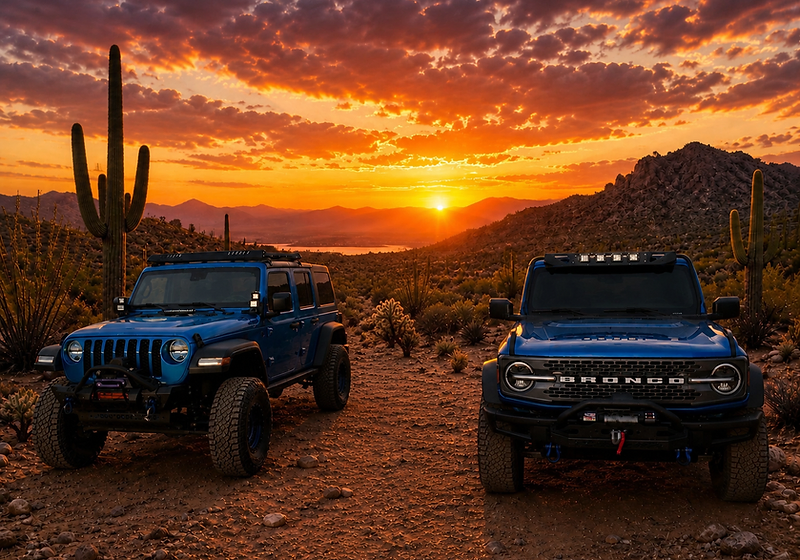 Two blue overland rigs silhouetted against a desert sunset