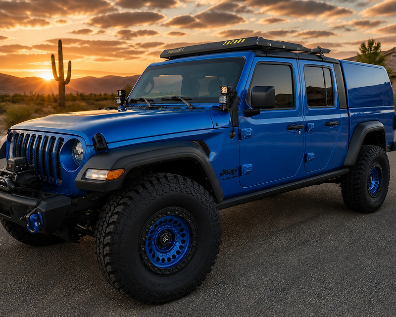 Blue Jeep Gladiator parked in the desert at golden hour