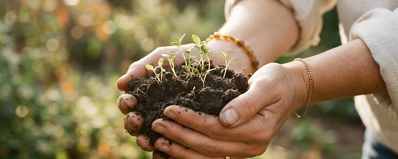 Hands holding dark soil with green seedlings in golden morning light