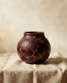 A burgundy vessel mended with golden seams