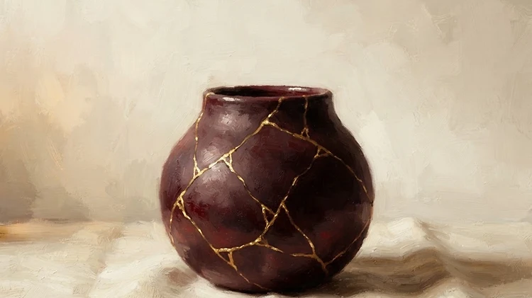 A burgundy vessel mended with golden seams