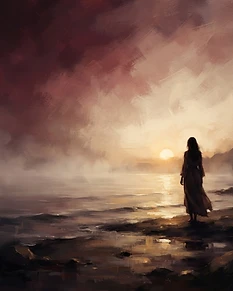 A woman standing at the water's edge at dawn