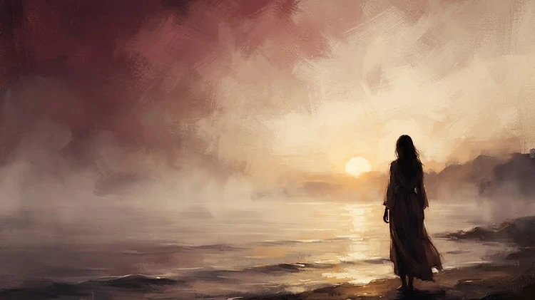 A woman standing at the water's edge at dawn