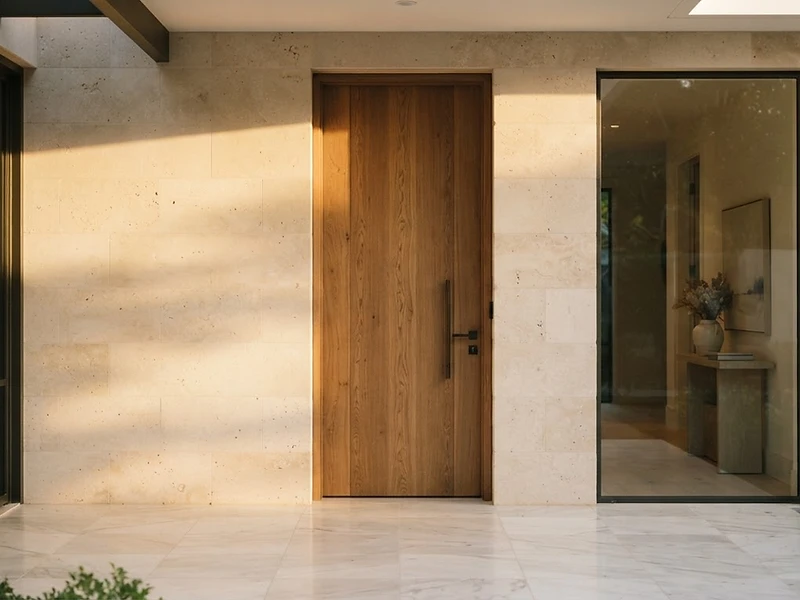 Sunlit modern home entryway with limestone wall
