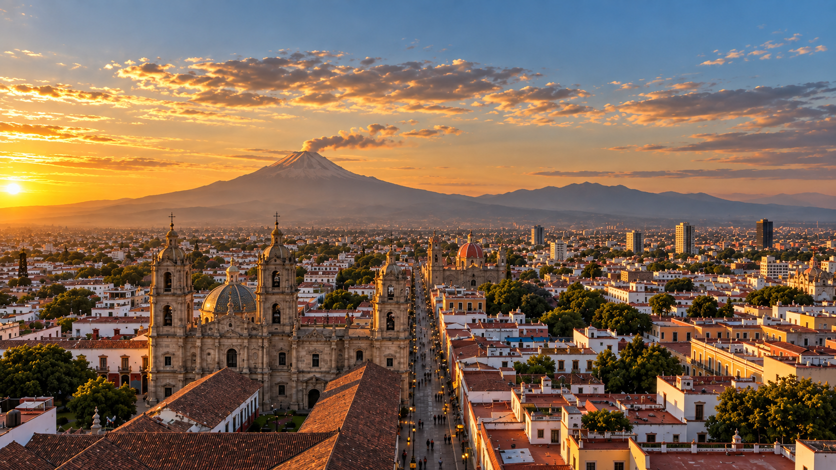 Vista aérea de Puebla al atardecer con el volcán Popocatépetl