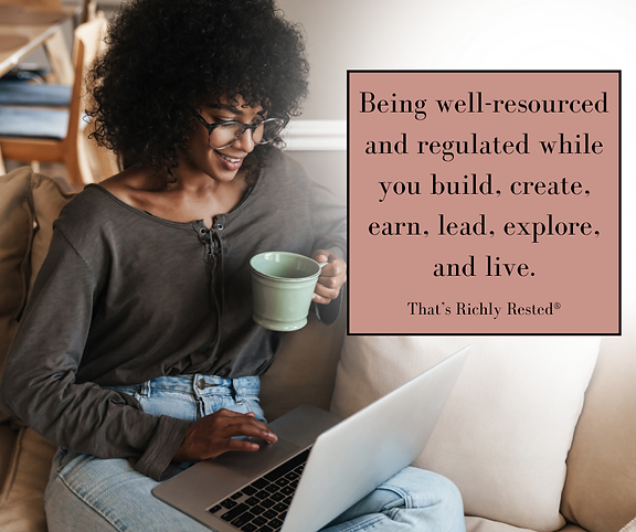 A woman of color at rest with a laptop, alongside the Richly Rested® philosophy