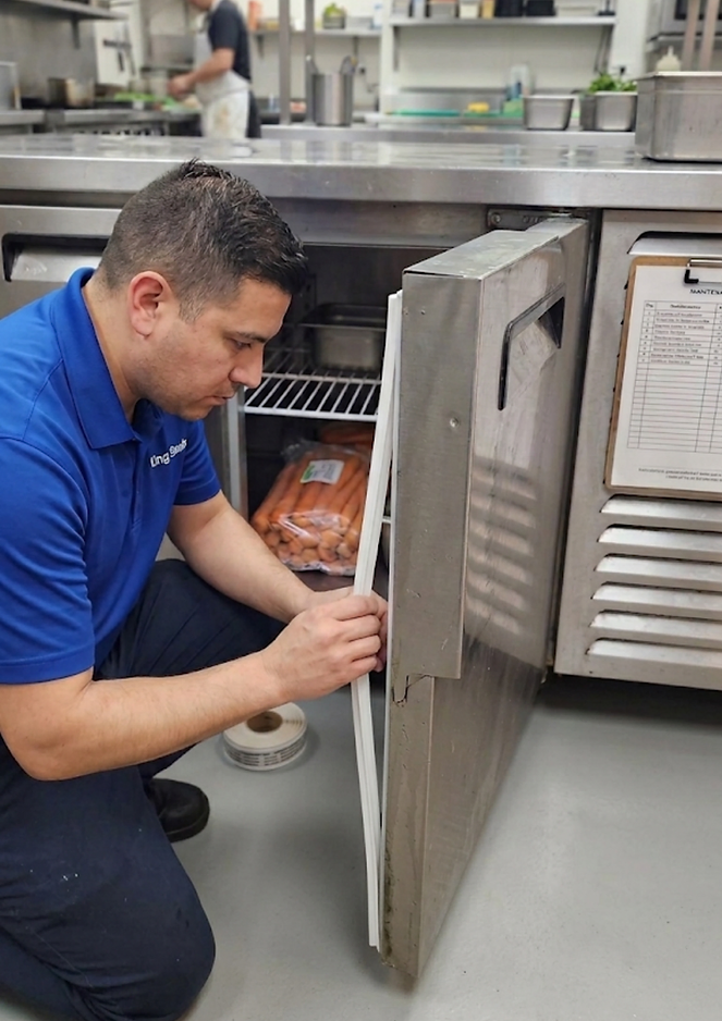 King Seals technician fitting a new fridge door seal in a commercial kitchen