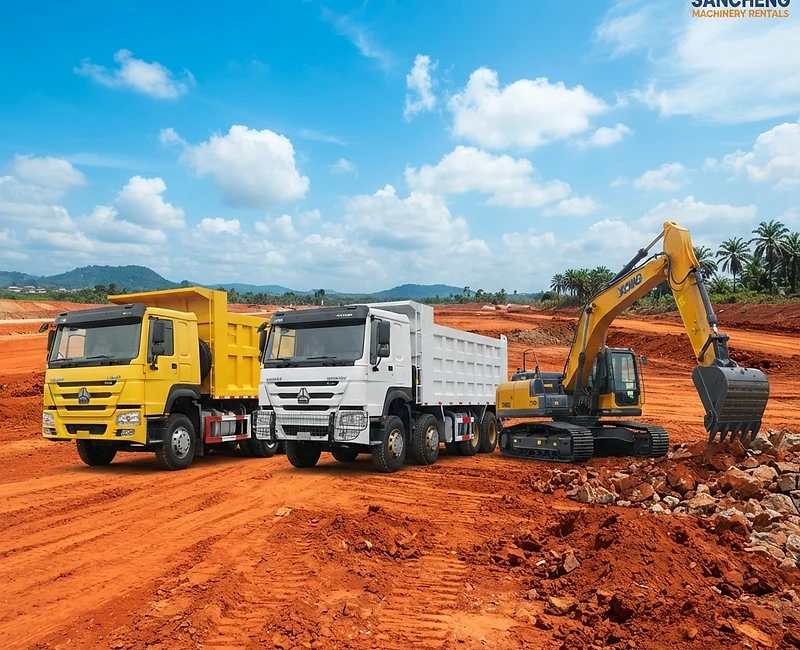 Yellow HOWO dump truck, white HOWO dump truck and XCMG excavator lined up on a construction site
