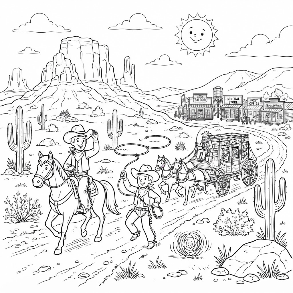 Western frontier coloring scene with cowboys, horses, a stagecoach, and cacti