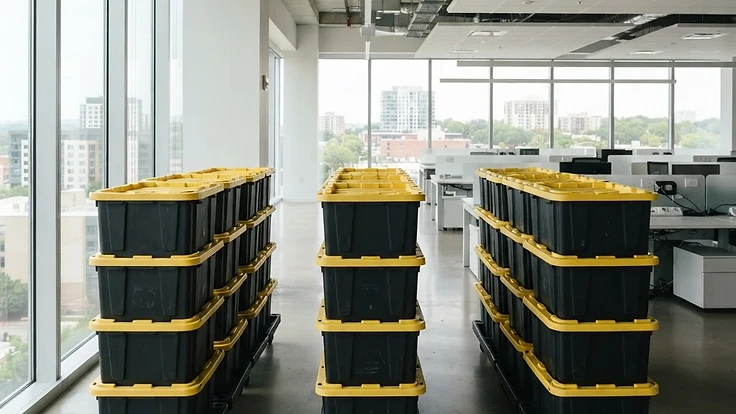 Commercial moving crate rental Austin — black reusable moving totes with yellow lids for an office relocation