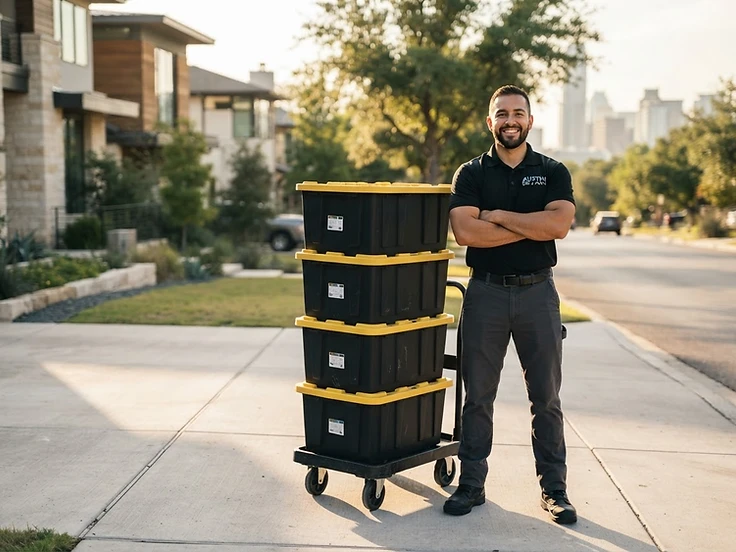 Lamas Tote Co professional mover in black polo beside stacks of black reusable moving totes with yellow attached lids on rolling dollies, Austin Texas