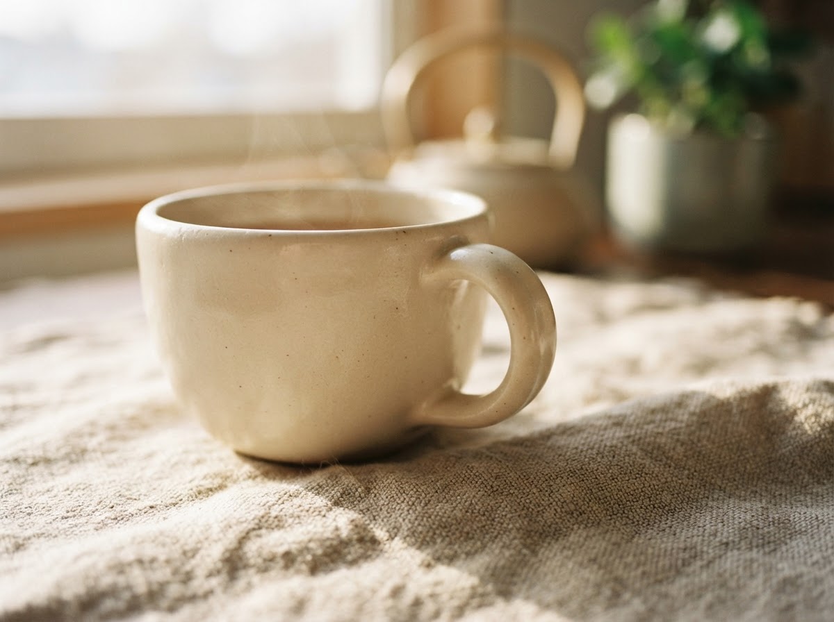 A ceramic mug on linen in soft morning light
