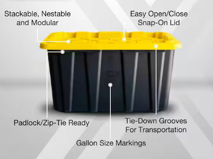 Feature diagram of a heavy-duty black moving box with yellow snap-fit lid showing stackable design, lockable lid, tie-down grooves, and gallon markings