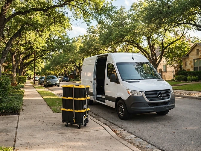 A delivery van parked on a leafy Austin street with a stack of moving boxes on a dolly