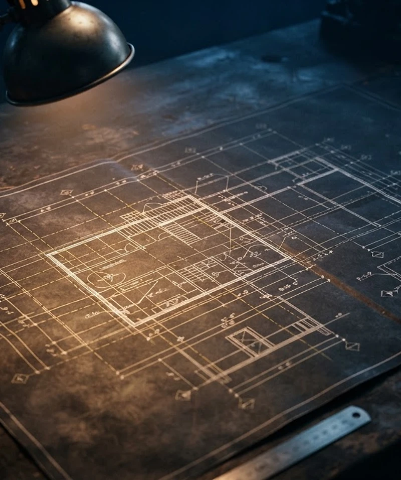Architectural blueprint under desk lamp