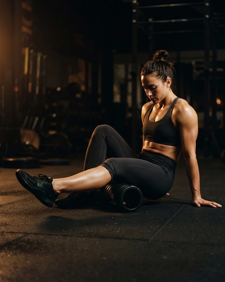 Athlete foam rolling in a warm-lit gym