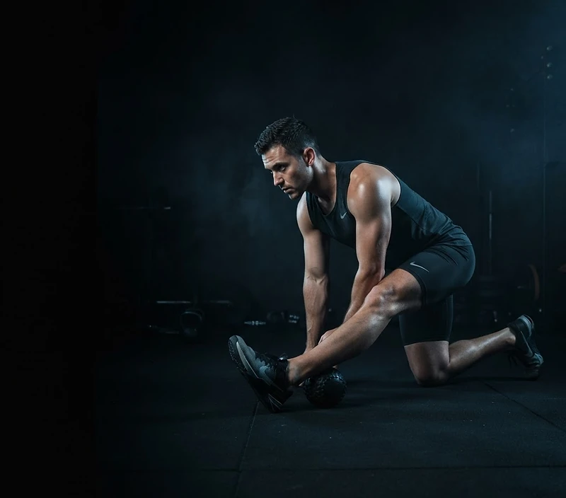 Athlete stretching with a recovery ball in a dark, low-lit gym