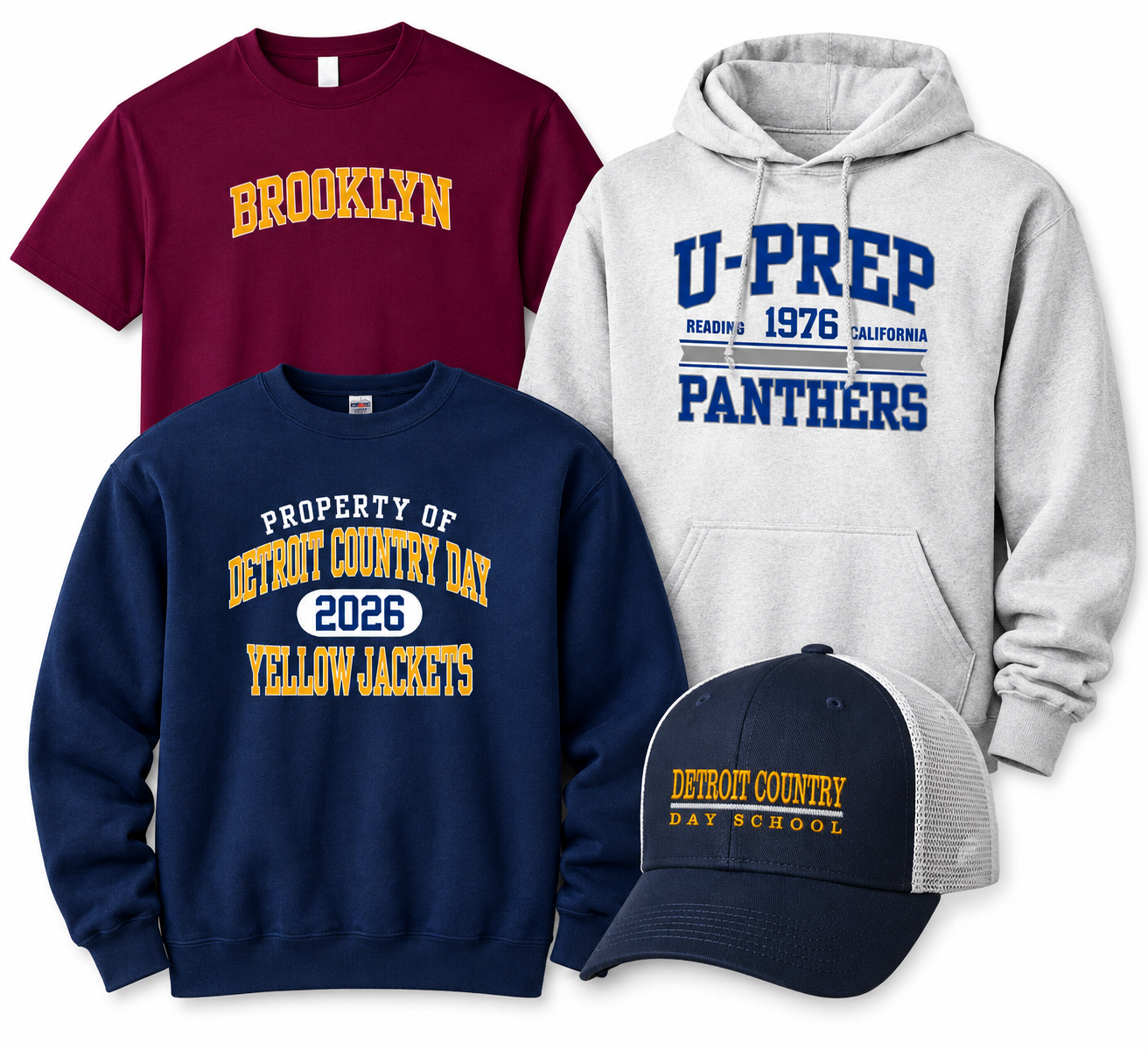 Shop by category — high school and college spirit wear, tees, hoodies and hats