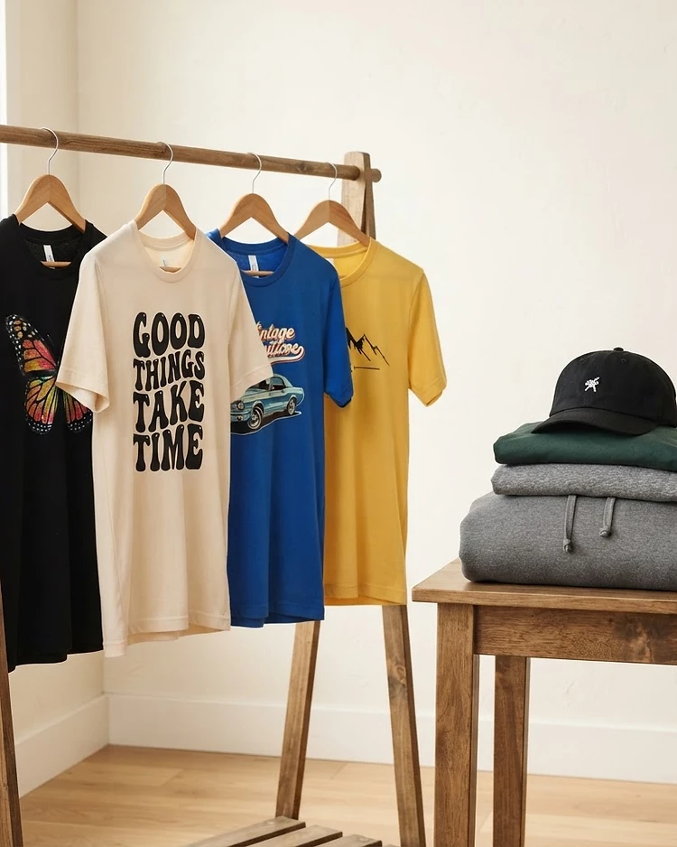 Premium blank apparel ready for custom DTF printing