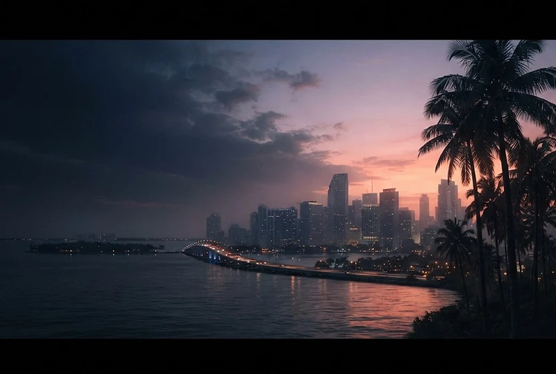 Original illustration of a tropical coastal skyline beneath a pink and violet sunset