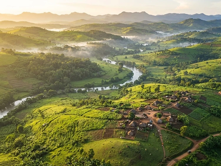 Lush green Ugandan countryside at morning — eco-tourism landscape