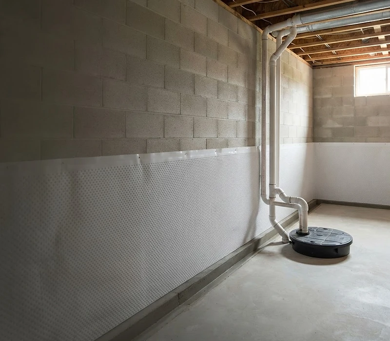 Conceptual basement waterproofing installation with perimeter drainage, moisture protection and a sump pump system