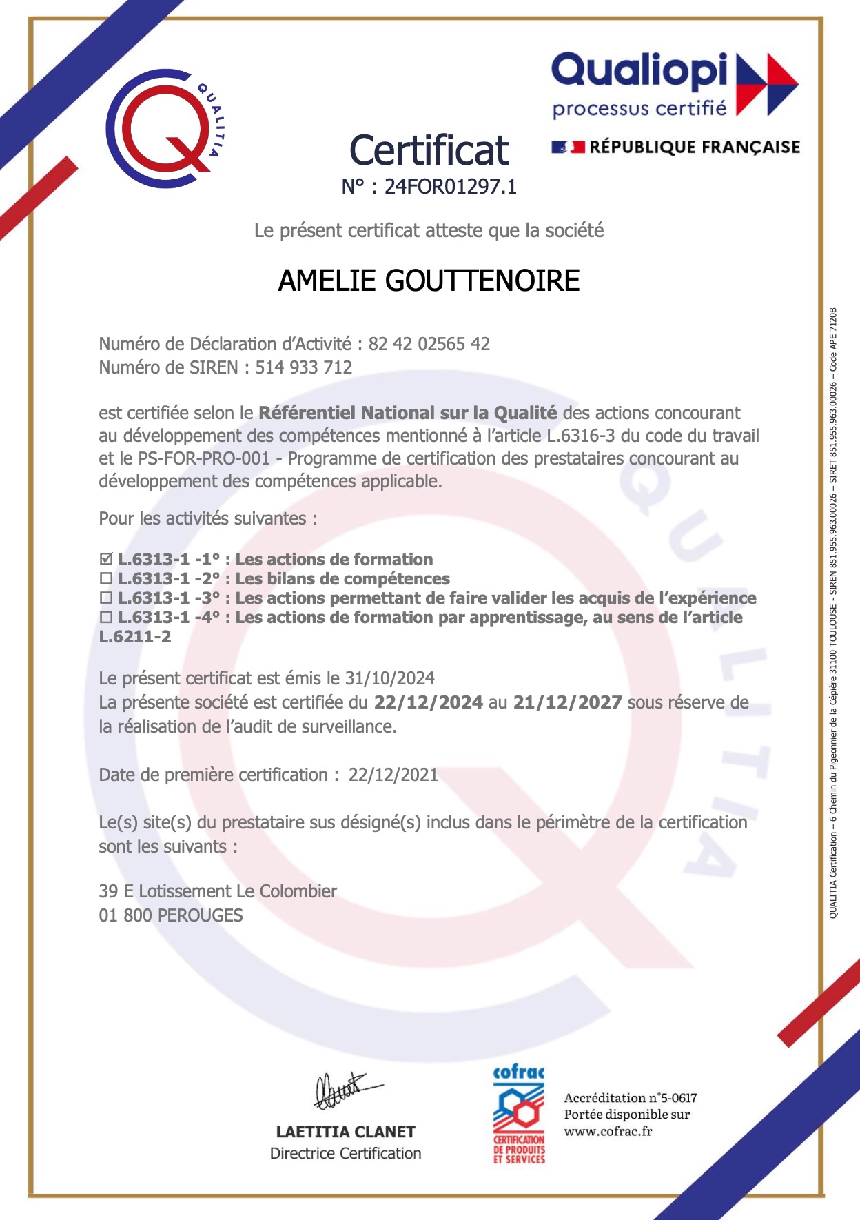 Certificat Qualiopi n°24FOR01297.1 — Amélie Gouttenoire, organisme de formation certifié