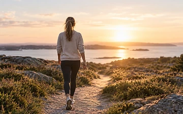 Woman walking along a coastal path toward the sunset, symbolizing how consistent habits lead toward long-term goals.