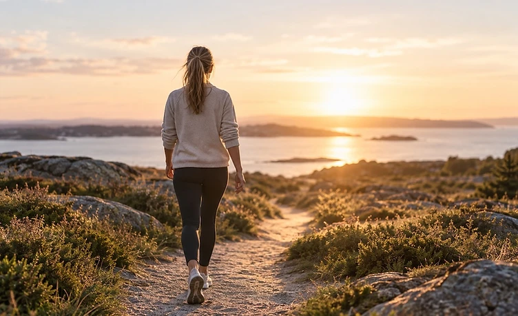 Woman walking along a coastal path toward the sunset, symbolizing how consistent habits lead toward long-term goals.