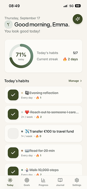 Becomly app, Today screen showing daily habits and progress