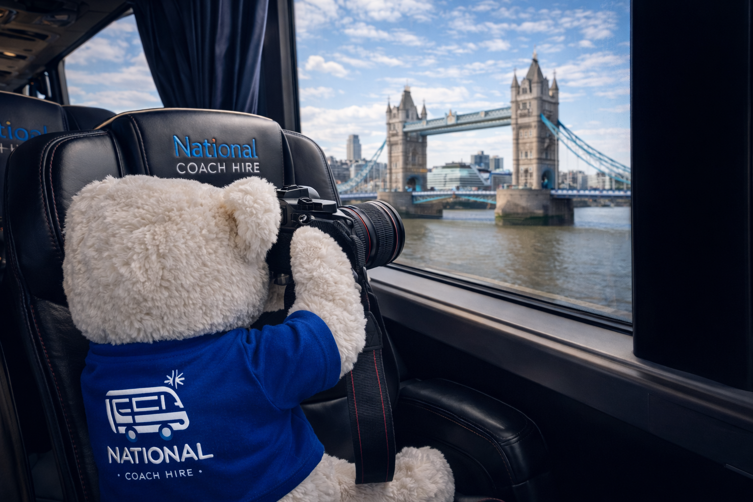 View of Tower Bridge from inside a National Coach Hire vehicle