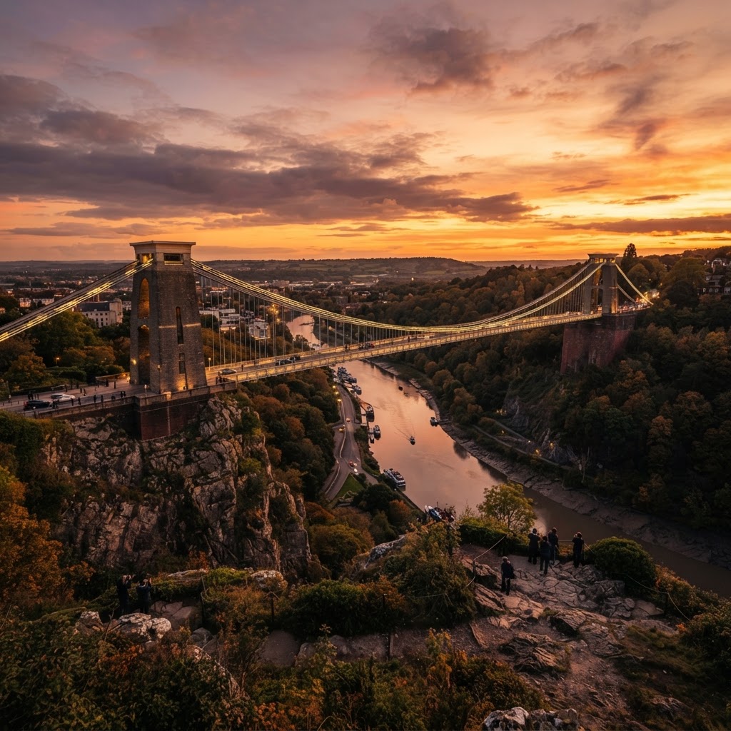 The Clifton Suspension Bridge spanning the Avon Gorge in Bristol at sunset