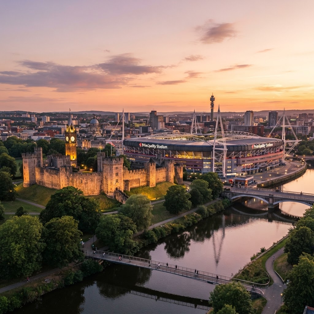Cardiff Castle and the Principality Stadium at golden hour