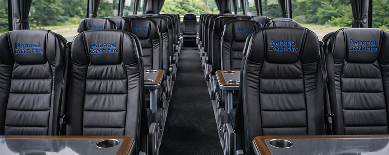 Luxury coach interior with leather seats embroidered with National Coach Hire
