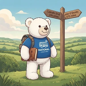 National Coach Hire mascot bear with a backpack and blog journal standing beside a countryside signpost pointing to Lands End and John O'Groats