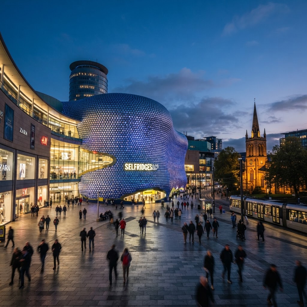 The Bullring and Selfridges building in Birmingham at dusk