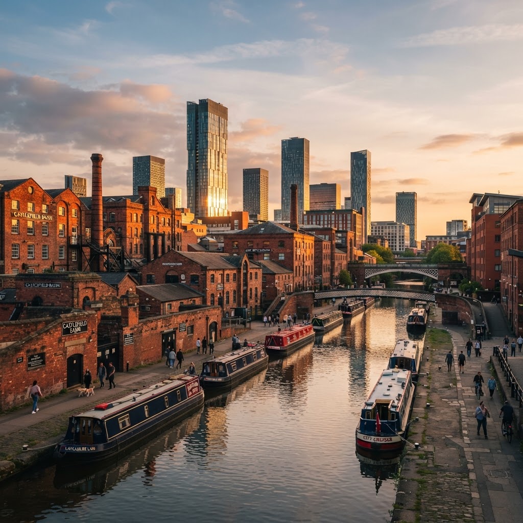 Manchester's historic red-brick architecture and canal at golden hour