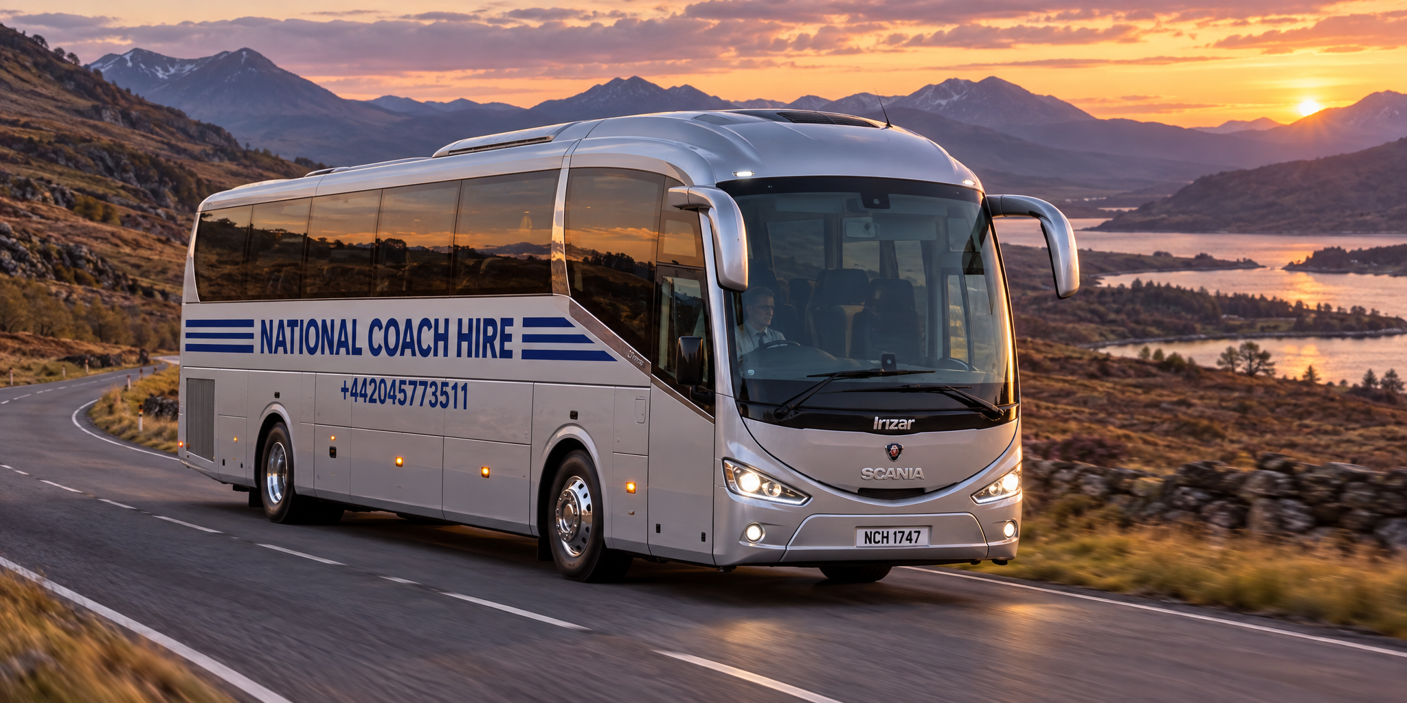 Silver National Coach Hire coach with blue branding, phone number and website on the side, NCH 1747 number plate, travelling through the Scottish Highlands at sunset