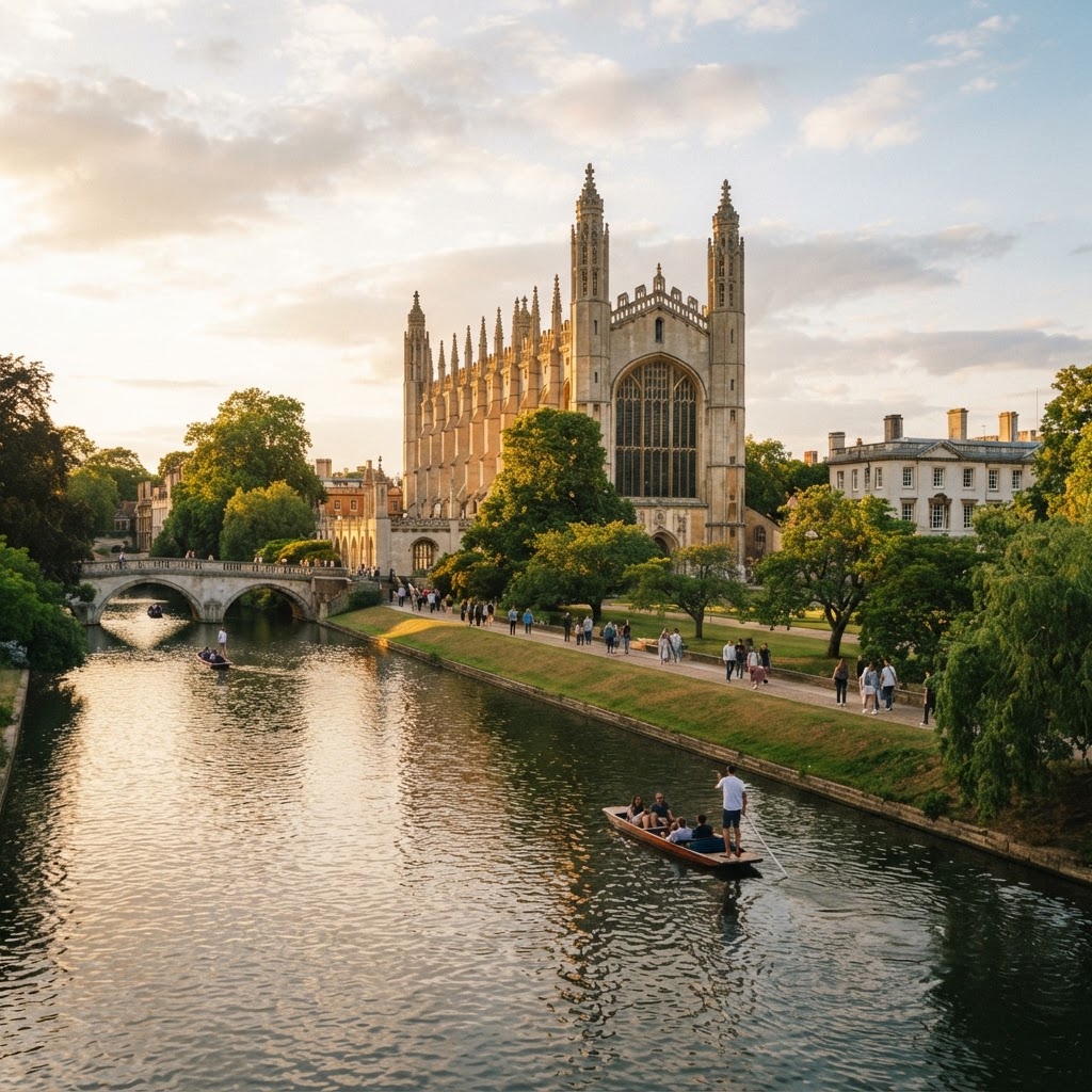 King's College Chapel and the River Cam in Cambridge at golden hour