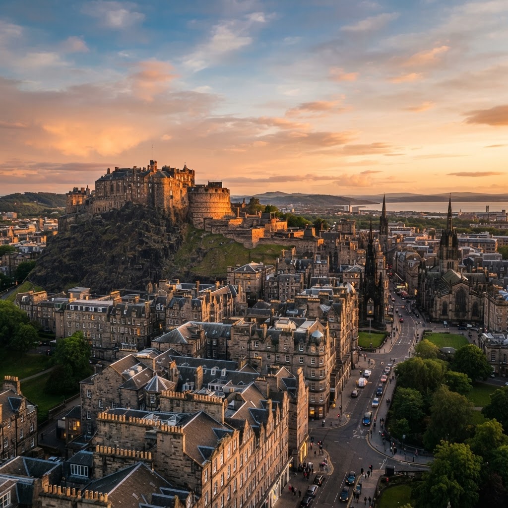 Edinburgh Castle overlooking the city at golden hour