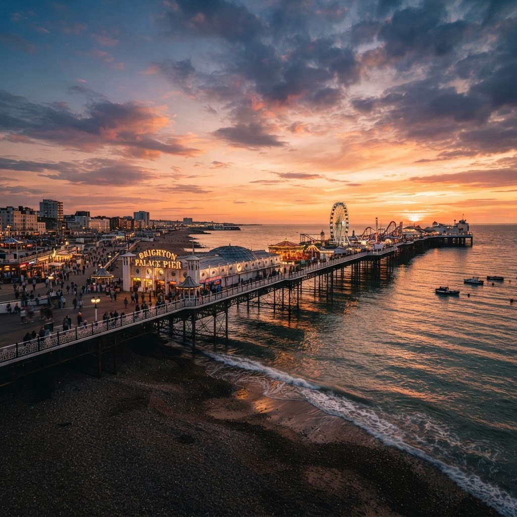 Brighton Palace Pier stretching into the sea at sunset