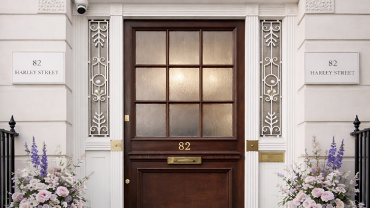 The entrance to 82 Harley Street with floral arrangements