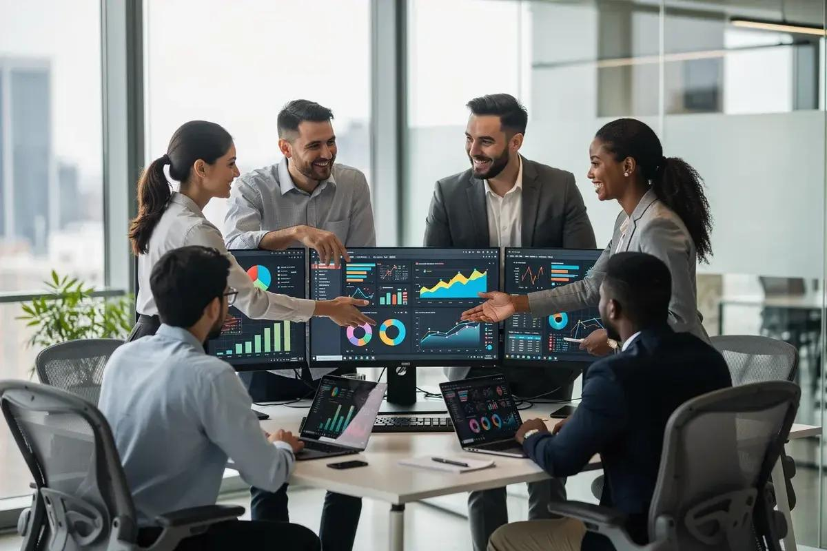A team of distributors and manufacturers reviewing shared dashboards together in a modern office