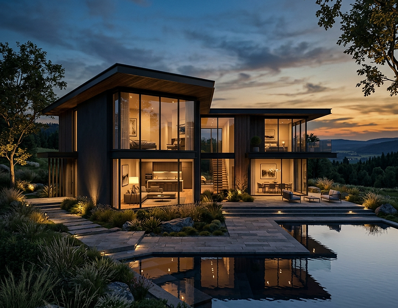 Architectural visualization of a modern home at dusk