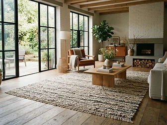 Textured wool area rug in a sunlit room