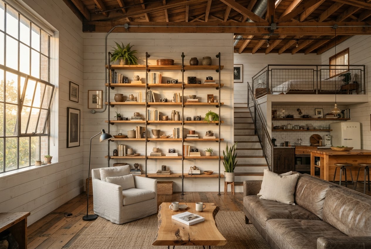 Industrial loft with shiplap walls and black pipe shelving