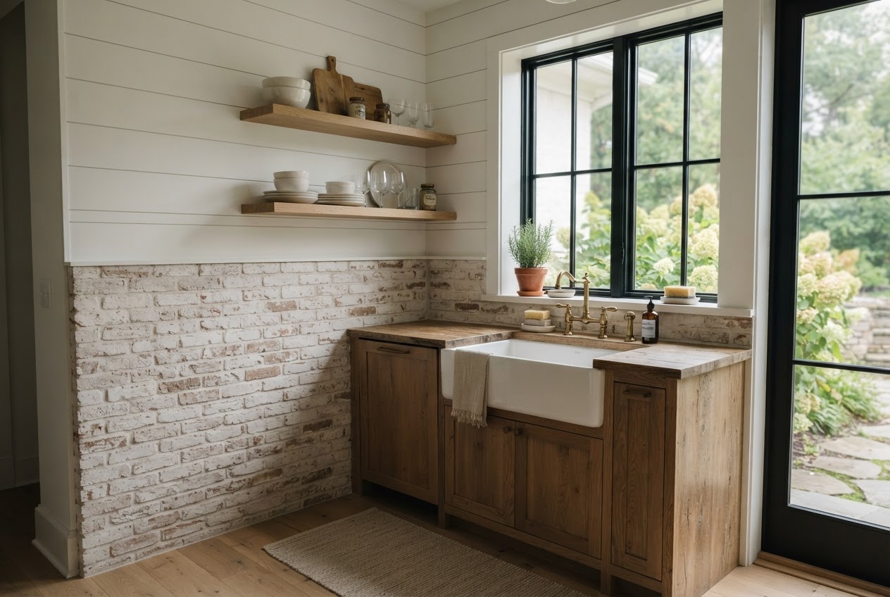 Whitewashed brick lower wall with whitewashed shiplap above