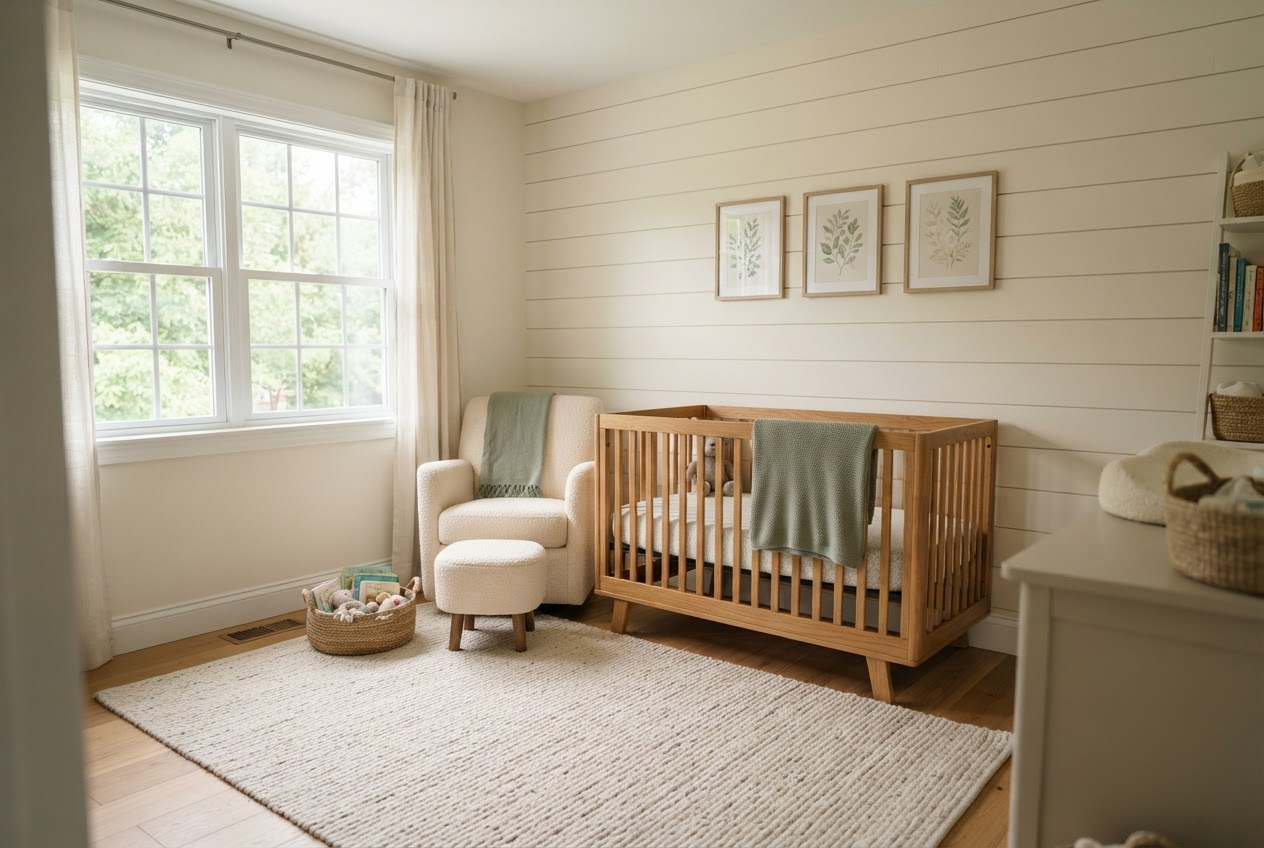 Nursery with soft cream shiplap accent wall and wooden crib