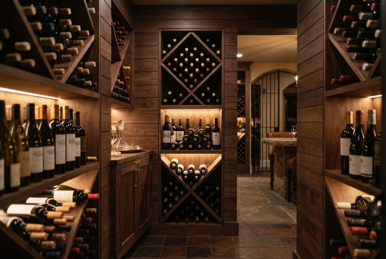Home wine cellar with deep walnut shiplap walls